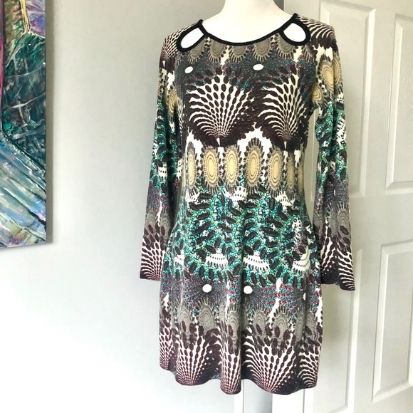 Aryeh Cream Brown Green Yellow Print Sweater Dress Anthropologie Keyhole Neck M - Picture 2 of 8